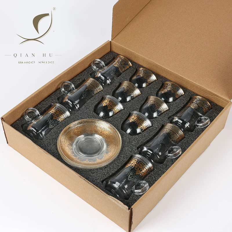 2025 High Quality Ceramic Espresso Waist Coffee Glass Cup Sets Plated Gold Metal Decoration for Tea Coffee Arabic Turkish Style