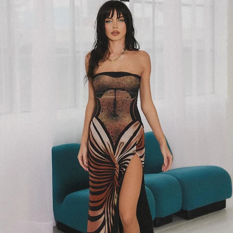 Wholesale Fashion New Sexy Strapless Pattern Printed Slim Fit Slit Women Long Dresses Elegant Casual Dresses