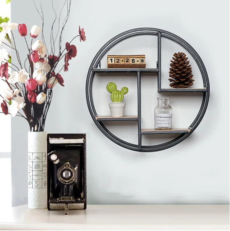 Home Decoration Storage Rack Modern Hanging Metal and Wood Round Design Nordic Wall Shelf