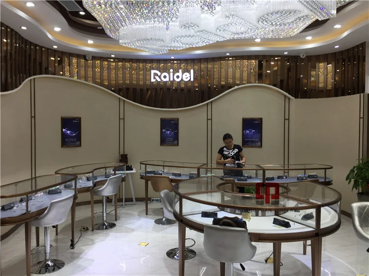 Luxury Store Metal Stainless Steel Round Glass Display Cabinet Counter Custom Luxury Jewelry Showcase Factory