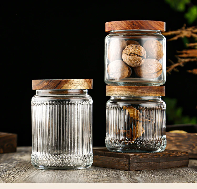 High quality hot selling Factory wholesale can be used to preserve food storage containers embossed transparent glass jars