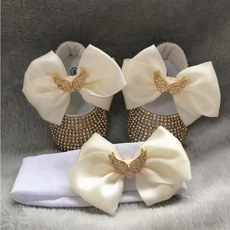 Ins Angel Wing Newborn Glitter Bling Shoes Baby Girls Boutique Shoes Blessing Shoes and Headband Set