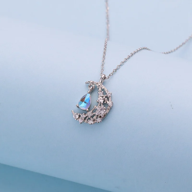 Wholesale Popular S925 Silver Necklace Fashion Star And Moon Pendant Moonstone Clavicle Chain Necklace For Girls