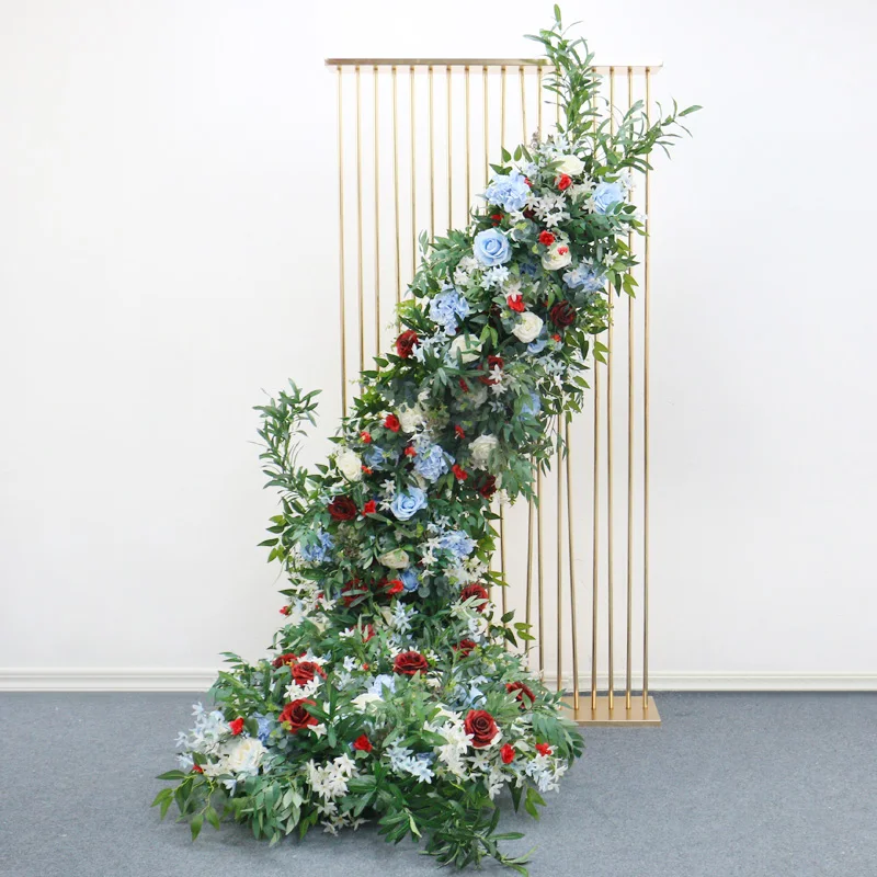New Luxury 3D Custom Artificial Red Blue Roses Flower Row Faux Green Plants Wedding Arch Decor Outdoor Scene Layout Photo Props
