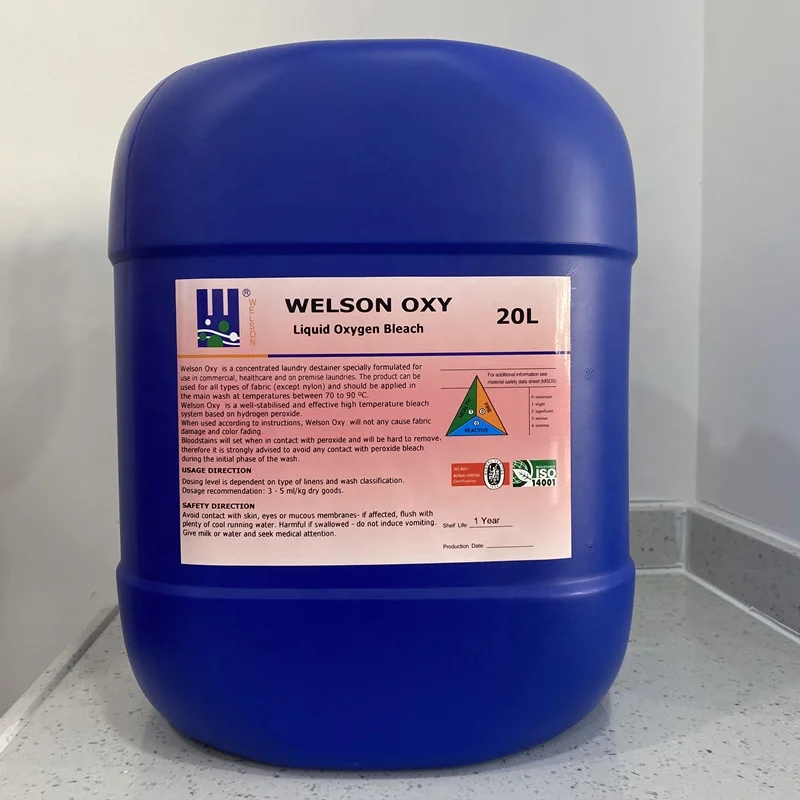Liquid oxygen bleach detergent for hotel and hospital laundry