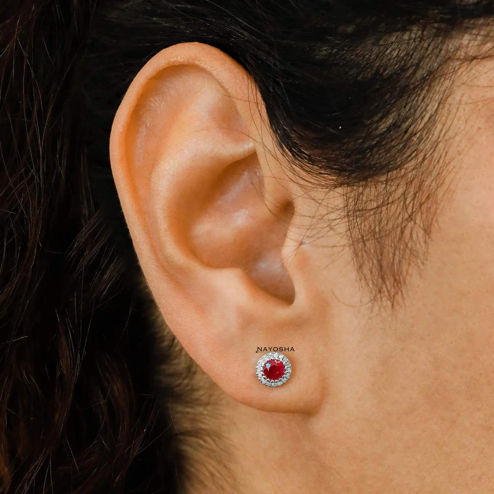 Small Diamond Earrings, Bordered Round Tanzanite Sapphire Emerald Ruby Aquamarine Studs, 10k Solid Gold