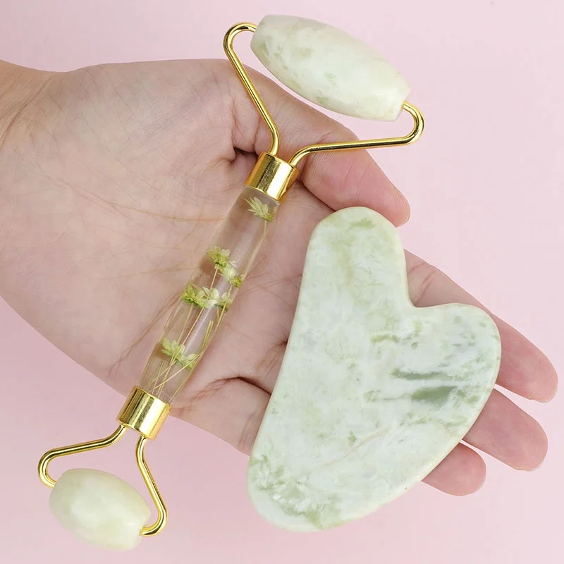 Flower Handle Face Roller Gus Sha Massage Tool Xiuyan Jade Heart Gua Sha Stone and Resin Handle Jade Roller Set
