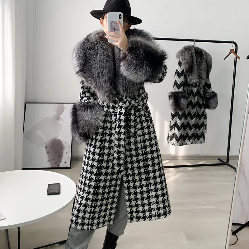 Fox fur coat women long thousand bird check woolen overcoat fashion style
