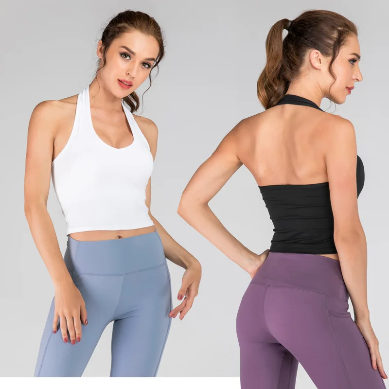 
Hang Neck Show Thin Yoga Vest With Breast Pad Yoga Tank Tops Gathered Shockproof Sexy Workout Tank Top 