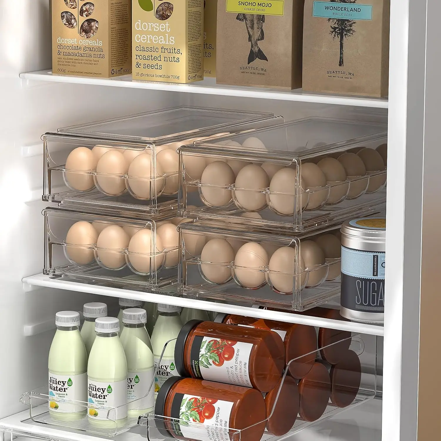 Refrigerator Eggs Container BPA Free Fridge Drawer Organizer Bins Stackable Egg Holder Plastic Acrylic Clear 18 Egg Tray