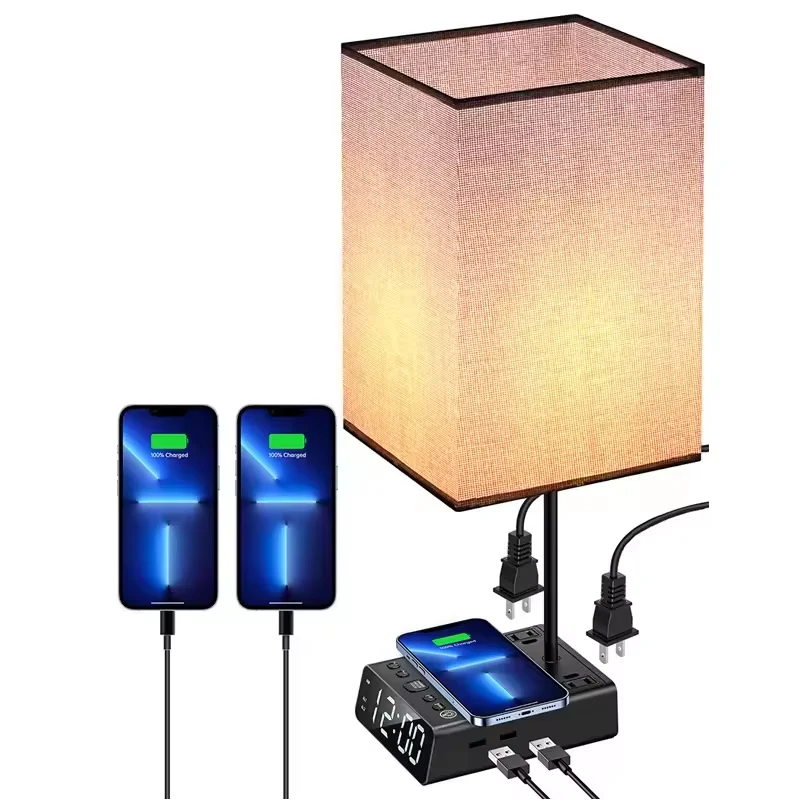 all in one LED table lamp with wireless charger alarm socket Reading Desk Table Light with USB Charging Port and Outlets clock