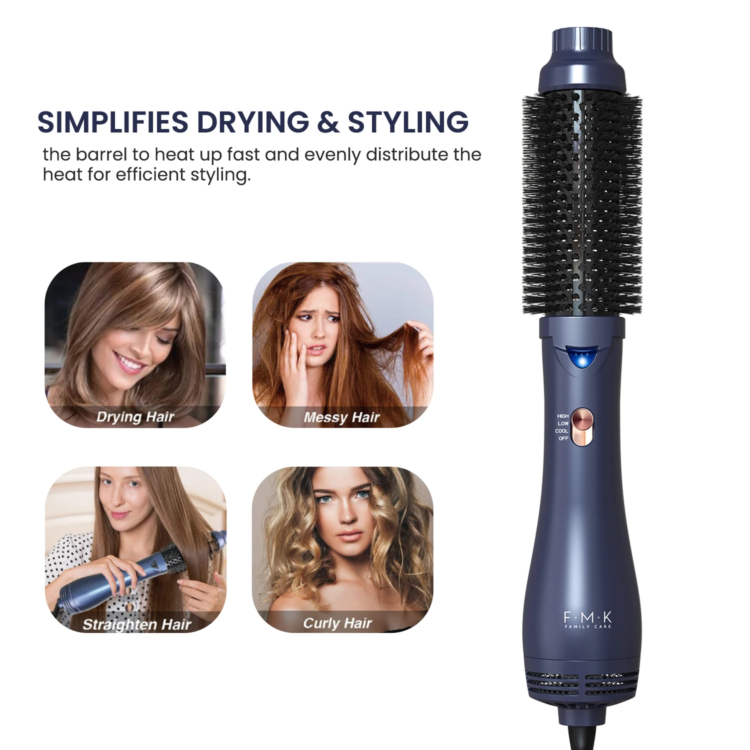 FMK Hot Selling Fashion Ionic Hot Air Brush  Electric Hair Dryer Hot Comb Hair Curling iron  2-in-1 Hair Drying &Volumizing Comb