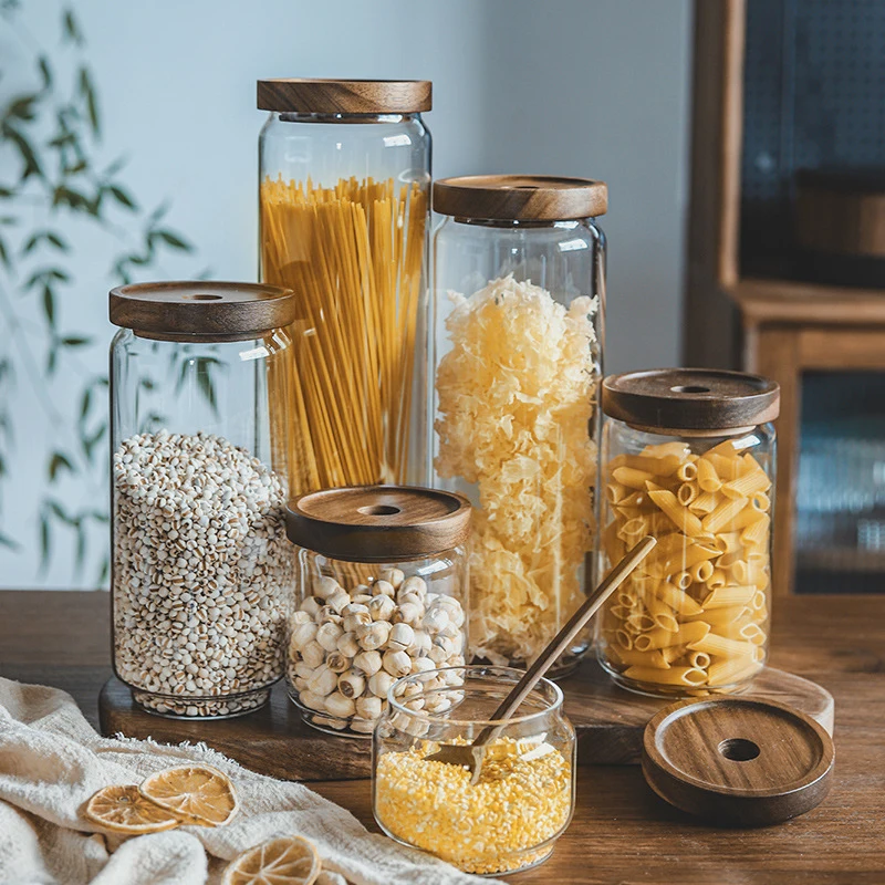 Kitchen Accessories Mason Spice Jar Food grade Borosilicate Glass Storage Jars With Airtight Acacia Wooden Lids
