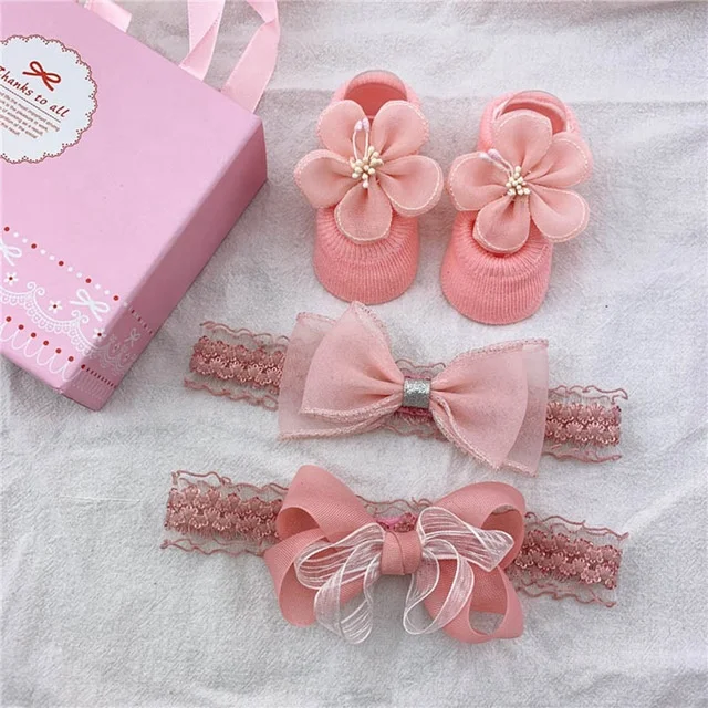 Newborn Lace Flower Baby Headband Socks Set Bows Crown Princess Hairbands for Girls Kids