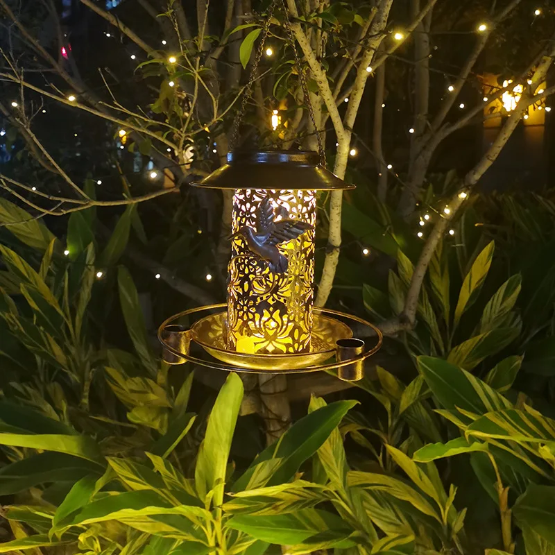Bird water feeder outdoor tree hanging type solar hand blown Iron art hanging decoration humming bird feeder