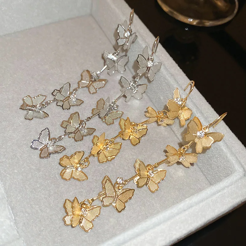 Fashion Diamond Butterfly Long Tassel Ear Hook Simple Elegant Gold Plated Personalized Earrings Jewelry For Women