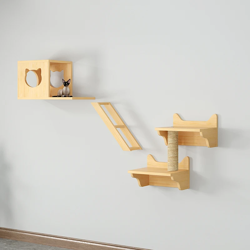Pine bamboo cat wall climbing frame set of 5 cat wall furniture cat shelves and perches