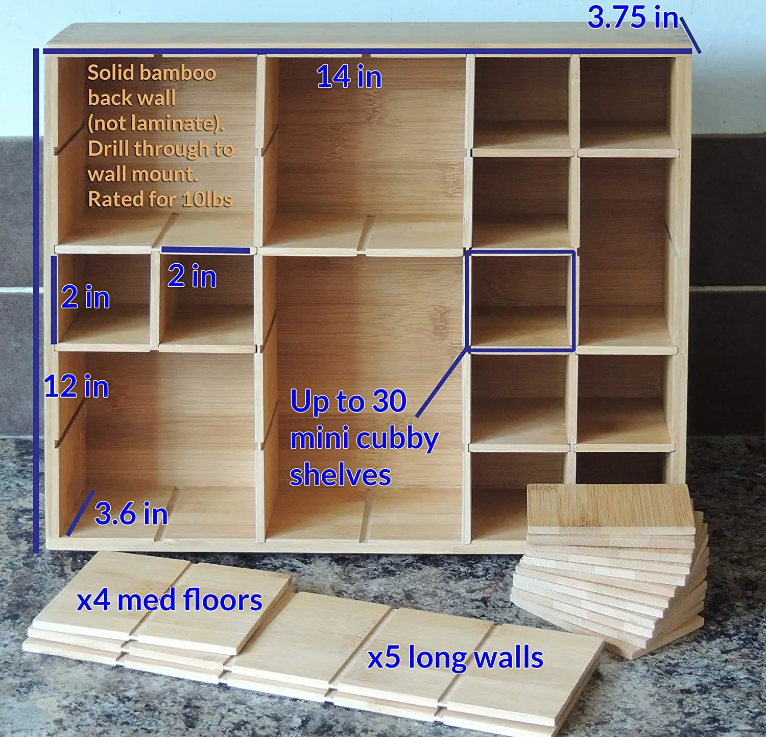Wooden Spice Rack Shadow Box Adjustable Bamboo Drawer Dividers Organizer for Wall Mount Counter Top Cabinet