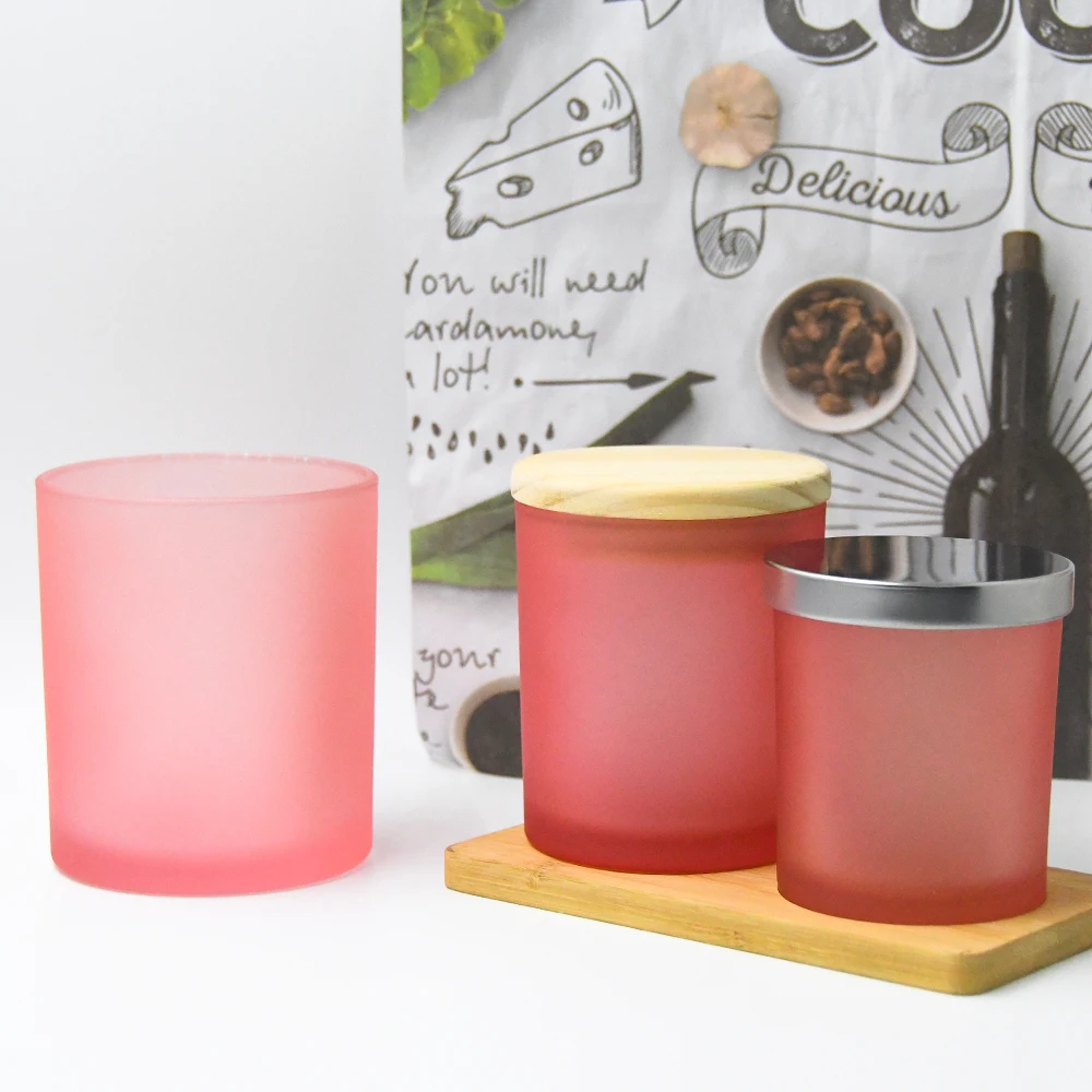 Luxury 7oz 10oz 14oz Pink Frosted Glass Candle Container In Bulk Candle Holder With Bamboo Lid For Candle Making