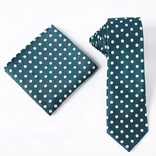 black and white polka dot polyester neck tie and pocket square set for man