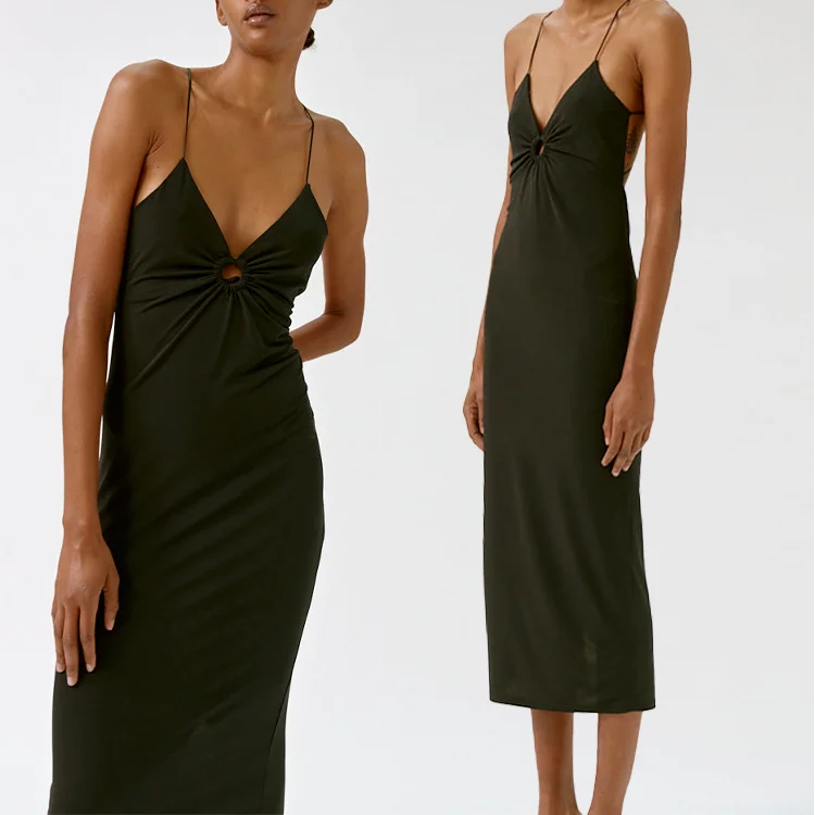 Deep V-Neck Hoop Hollow-Bust Casual Dress Back Lace-Up Backless Summer Sexy Shoulder Strap Dresses