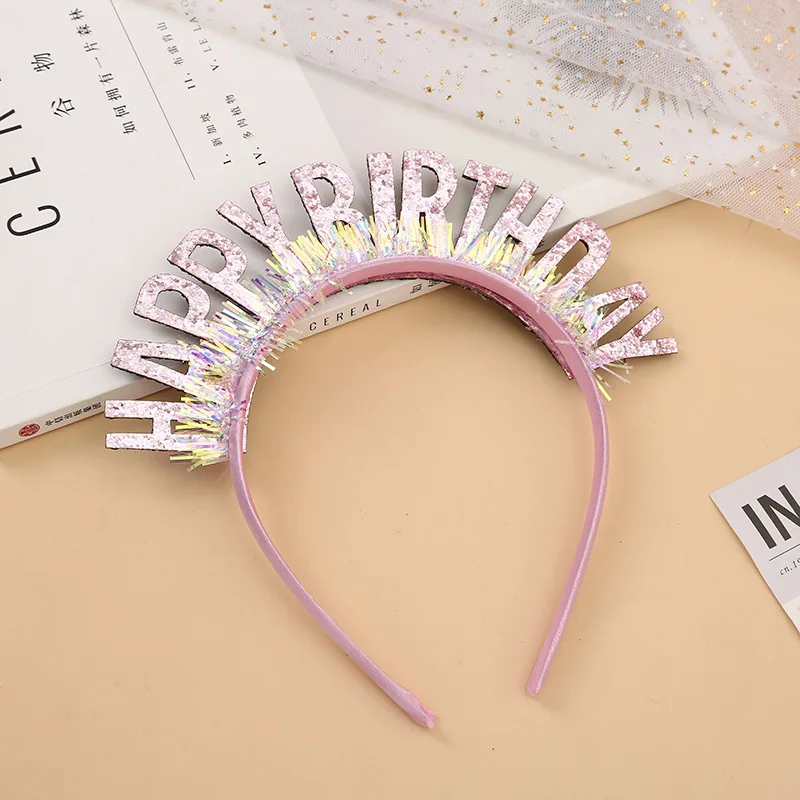Wholesale gold dust Rain silk birthday headband party decoration bright bead birthday hat English Happy birthday headband