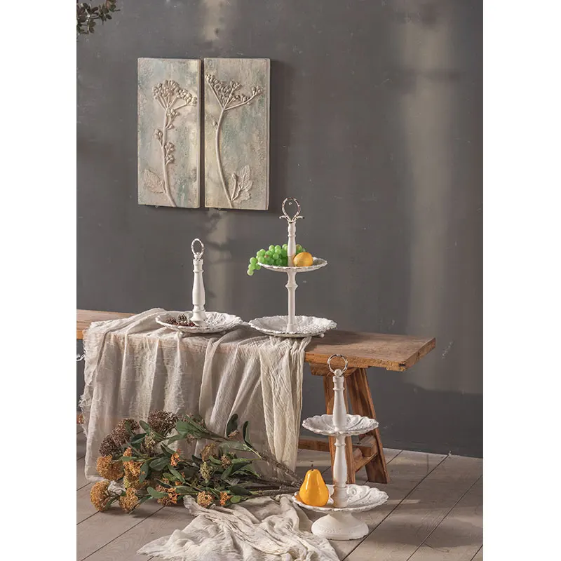Tea Cake Display Stand Nordic White Serving Plates Fruit Dessert Tray French Style 2 Tier Wrought Iron for Wedding Party Round