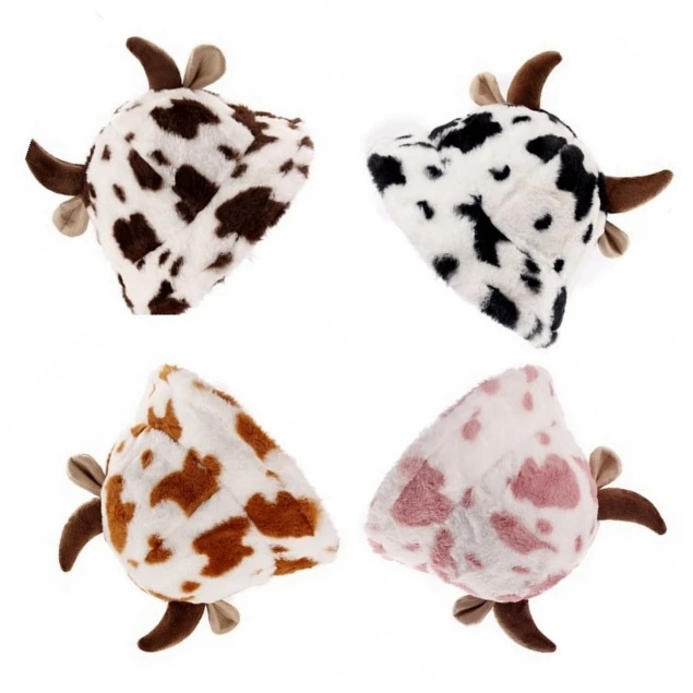 Fashion Animal Horn Cute Women Girls Winter Cow pattern print fishman hat Plush Fuzzy Cow Fluffy Bucket Hat Fur