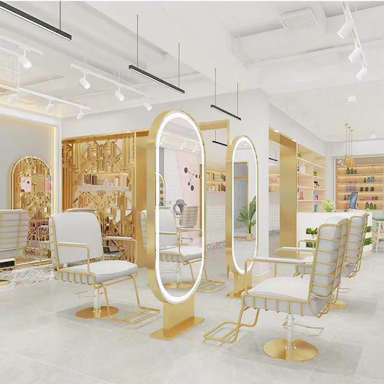 Gold Frame Salon Hairdressing Furniture Led Lamp Single Double Side Mirror Standing Wall Mounted Salon Furniture