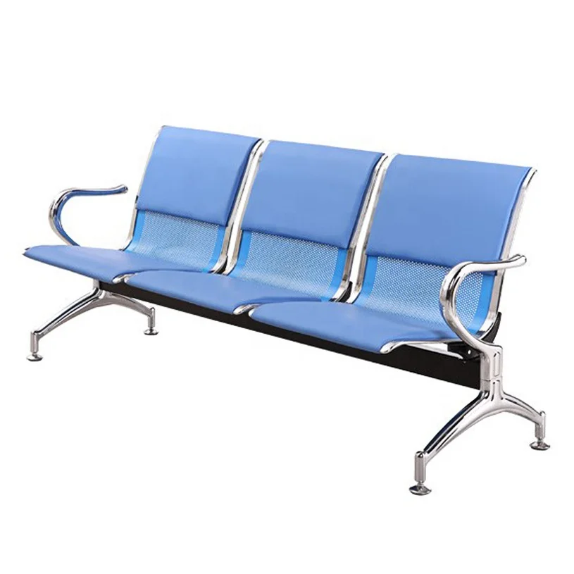 PU Waiting Chair with Sponge Padded 3 Seater Blue Gang Chair Airport Public Hospital Transfusion Bench Chair With Arm Rest