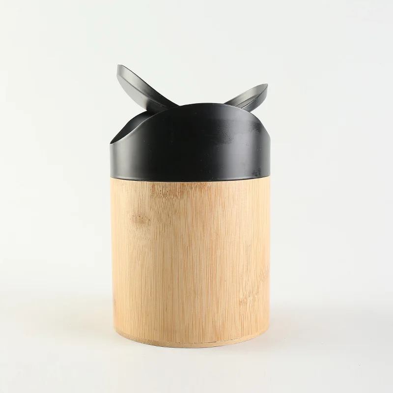 Household Bamboo Cylinder Trash Can Dustbin Office Waste Basket Car Use Rubbish Ash Bin with Swing Lid