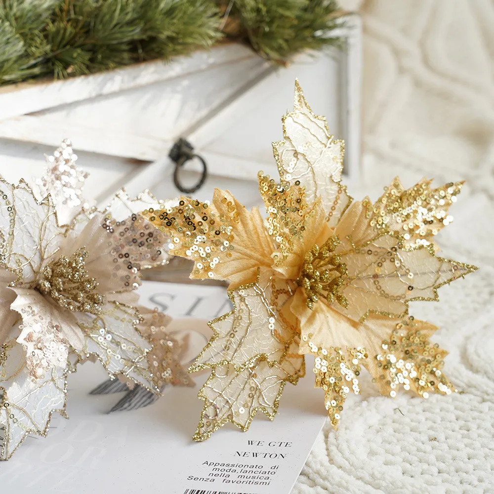 Holiday Xmas Glitter Golden Red Hanging Ornament Artificial Silk Flower Tree Poinsettia for Party Home Decoration