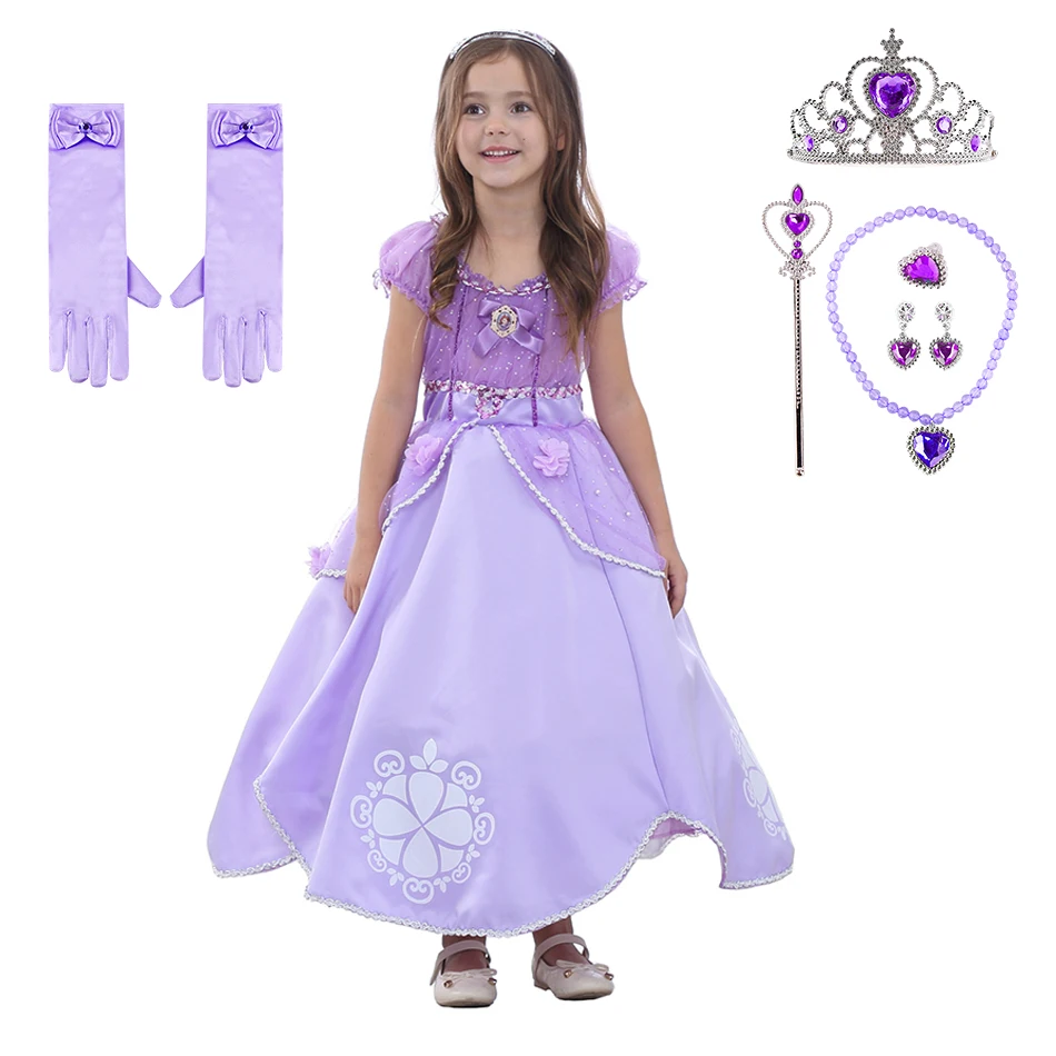 Kids Party Clothing Magic Stick Crown Children Costume 2022 Cosplay Sofia Princess Dress Children Bows Pearl Birthday Costume