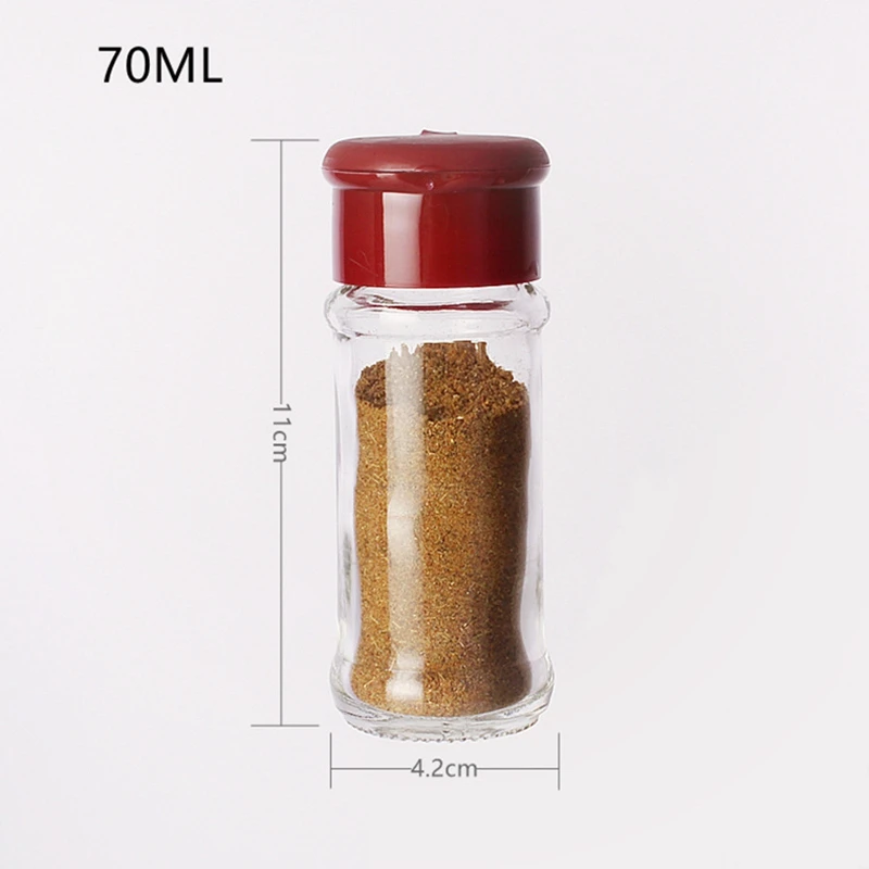 Recycled 70ml 100ml Round Glass Spice Jars Glass Condiment  Pepper Storage Jar with Green Red Yellow Black Plastic Shaker Lids