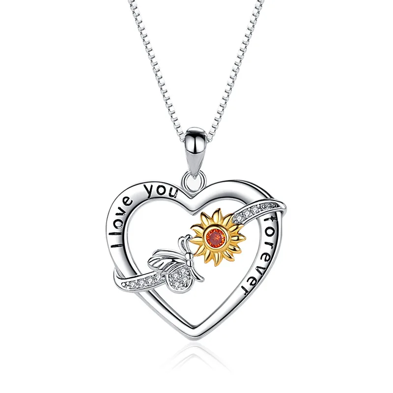 SPJ Fine Jewelry 925 Sterling Silver Lovers Heart Shaped Sunflower Butterfly Pendant CZ Zircon Silver Necklace For Lover