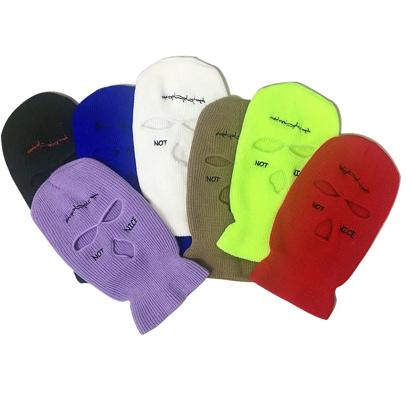 Wholesale Design Knitted 3 Hole Full Cover Face Skimask Mask with Embroidery Logo Winter Hat Ski Mask Custom