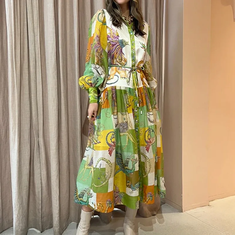 Summer Floral Print Casual lapel Neck Puff long Lantern Sleeve Ruffled Women dress Irregularity long Dress with belt For Women