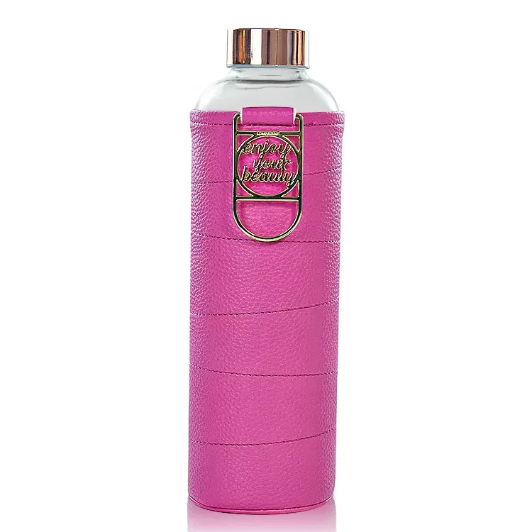 BPA Free Leak Proof Borosilicate Large Glass Water Bottle with Faux Leather Sleeve And Logo