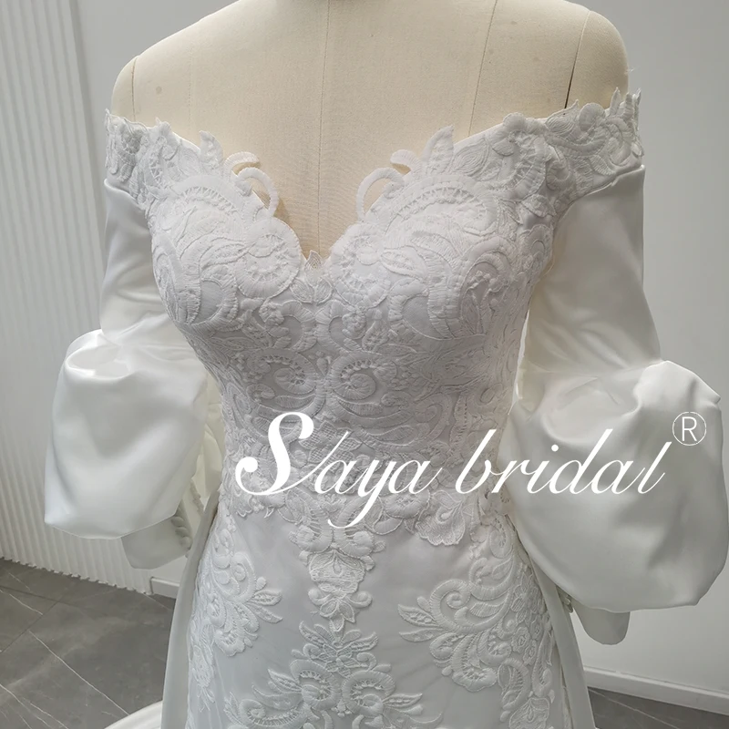 Elegant Bridal Dress Fishtail Lace Trim Slim Satin Material with Small Train Off-Shoulder Design and Long One-Line Shoulder
