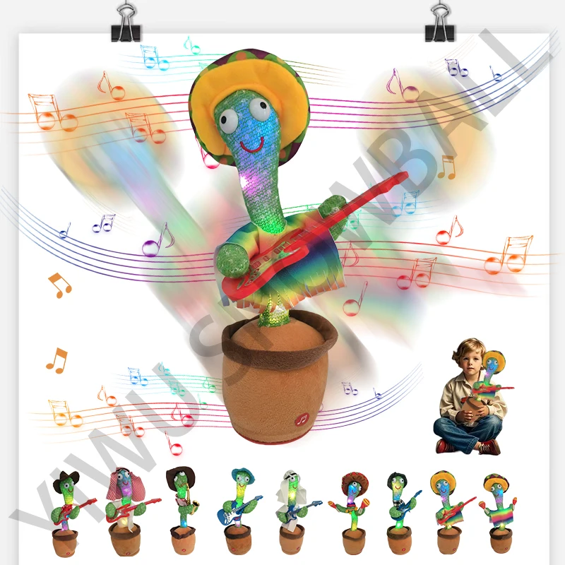 Lovely Kawaii Repeat Talking Singing Dancing LED Lighting Stuffed Plush Cactus Toy Unisex Stress Relief Embroidered PP Party Toy