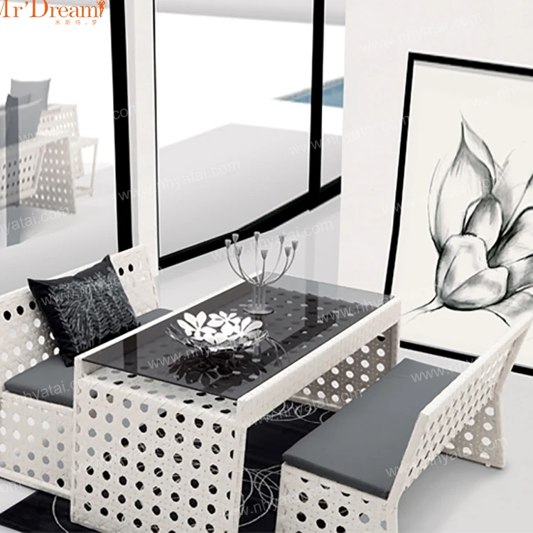 Leisure Commercial Restaurant Dining Project Design Modern Rattan Rope Garden Bench Outdoor Dining Table Set