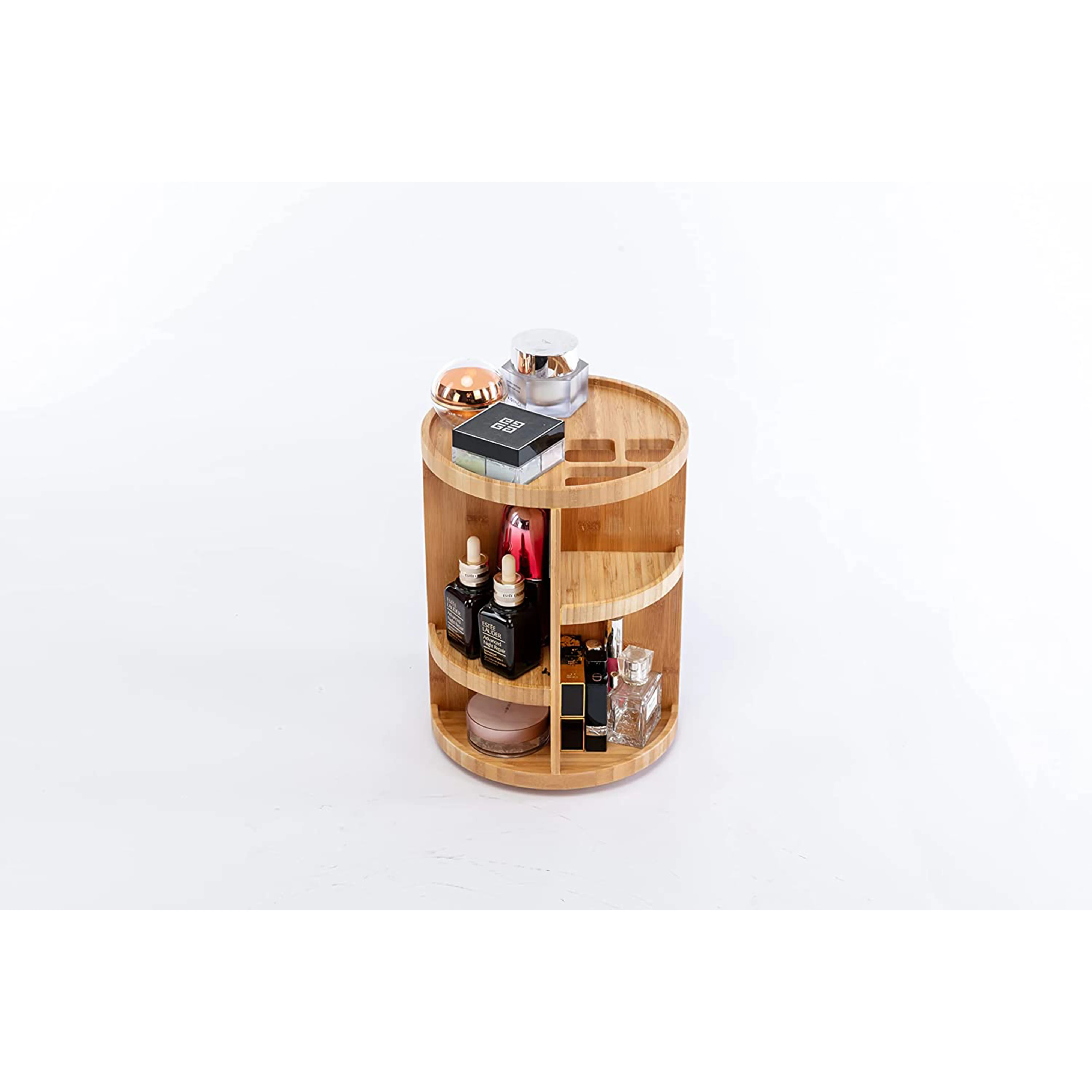 Multi-Function Storage 360 Degree Bamboo Cosmetic Jewelry Display 3 layer Desk Makeup Rotating Wooden Bathroom Organizer