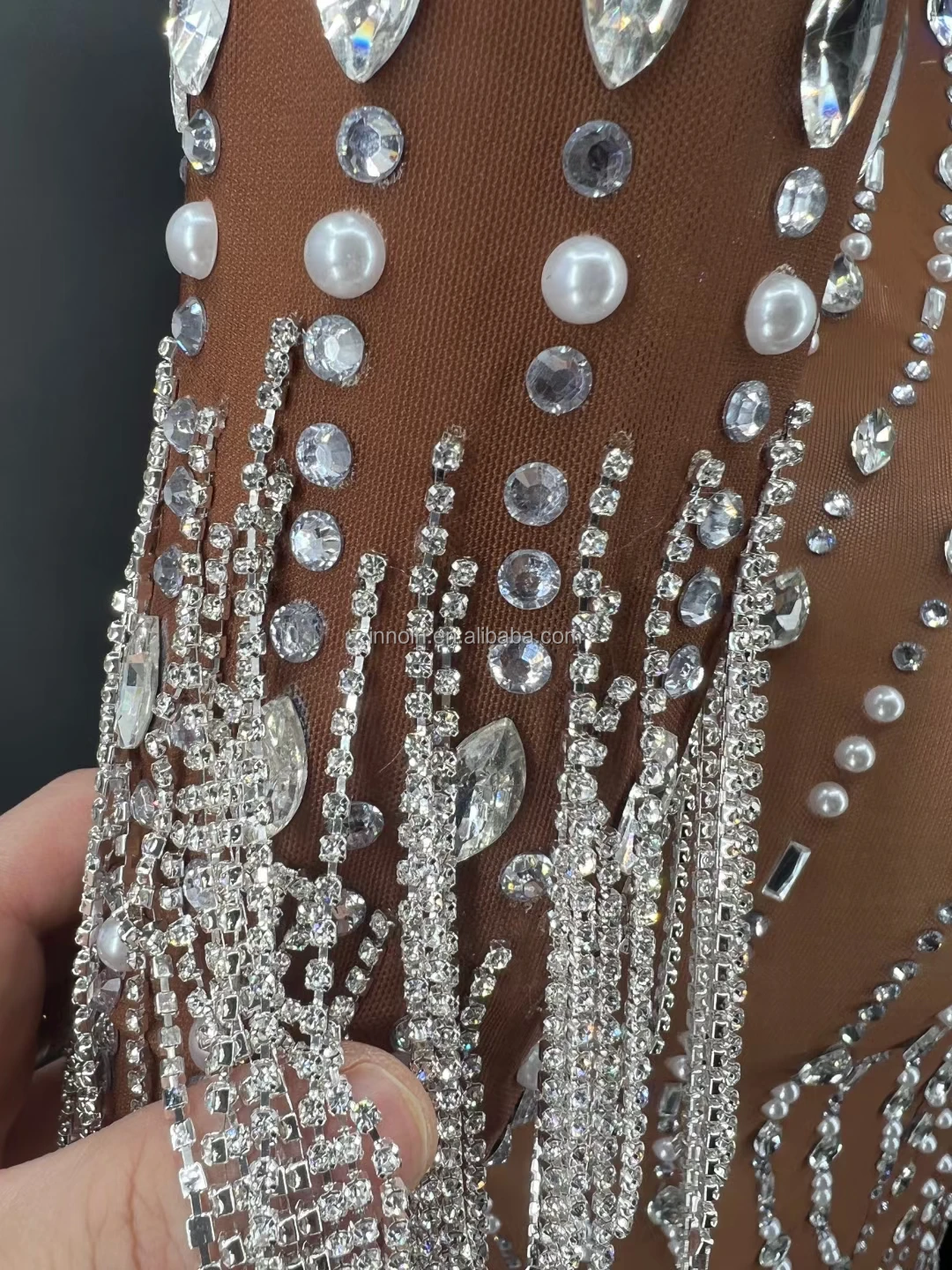 INNOIN Shining Rhinestone Tassel Dance Costume Sexy Women Elastic Mesh Net Perspective Crystal Dress Singer Dancer Stage Wear O