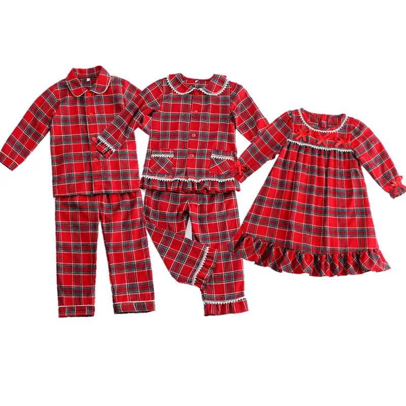RTS tartan pajama dress sets flannel Christmas baby pajamas set cotton kids pyjamas sets
