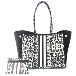 2021 Best selling wholesale leopard printing neoprene tote bag custom made waterproof perforated neoprene beach bag