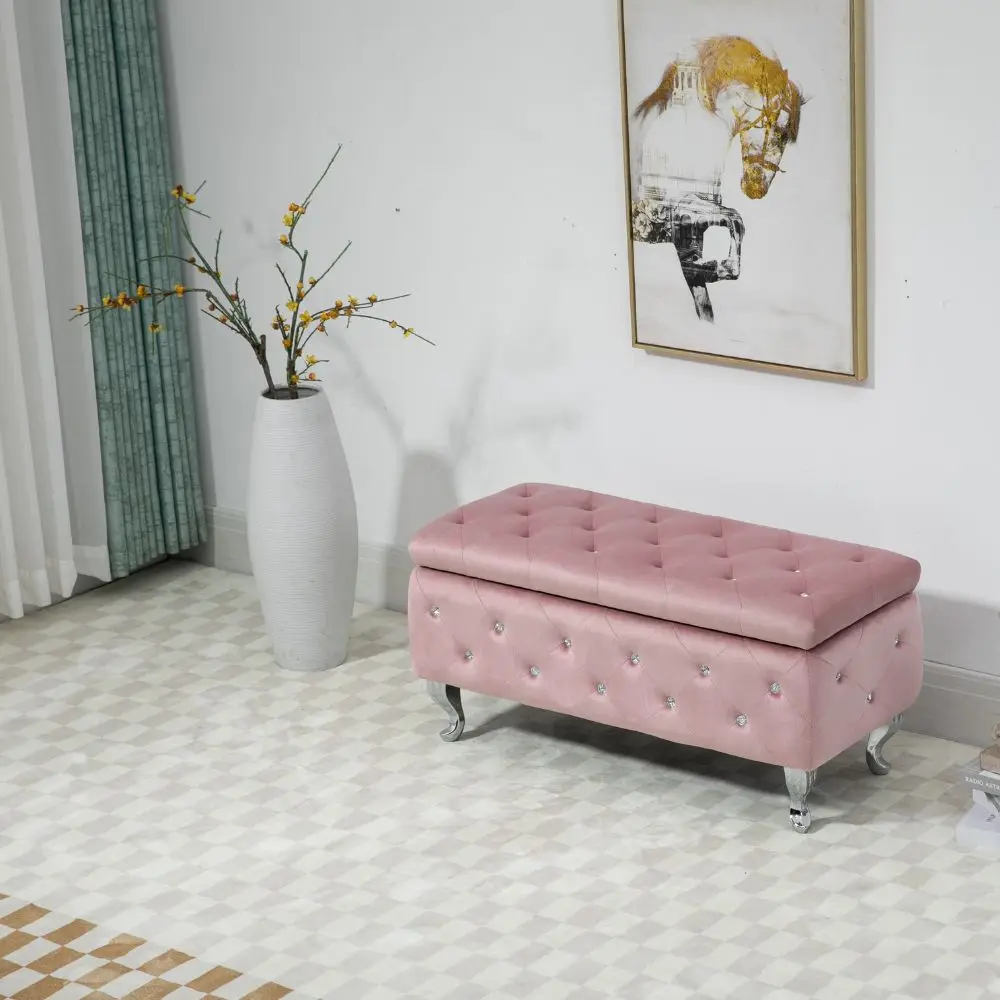 Manufacturer Custom Luxurious Pink Velvet Storage Side Opening Door Ottoman Bench