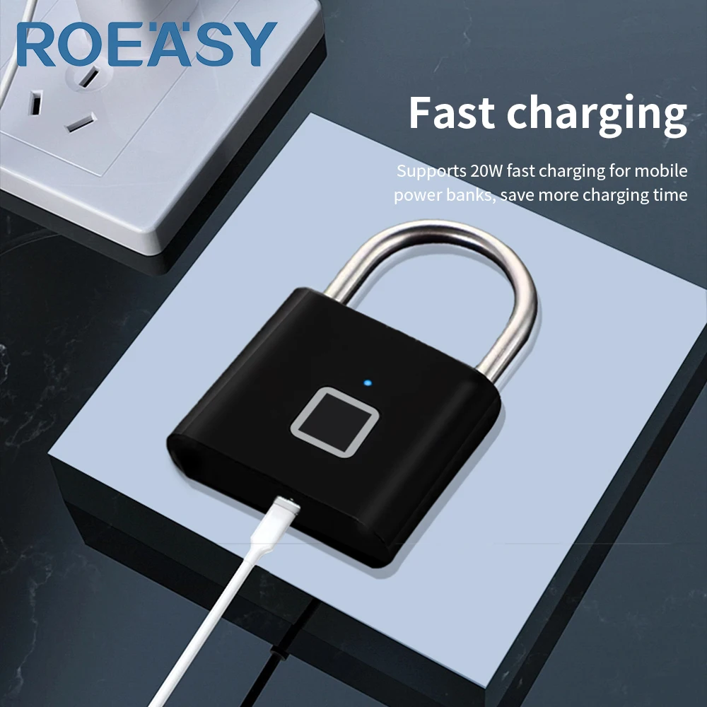 ROEASY Electronic Small Keyless Smart Door Lock Waterproof Fingerprint Lock Zinc Alloy Padlock with Biometric Fingerprint lock
