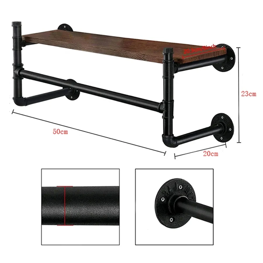 Industrial  Carton Retro Hanging Shelves Black Pipe Shelf Retail Bracket Floating Wall Mounted Metal Clothing Rack