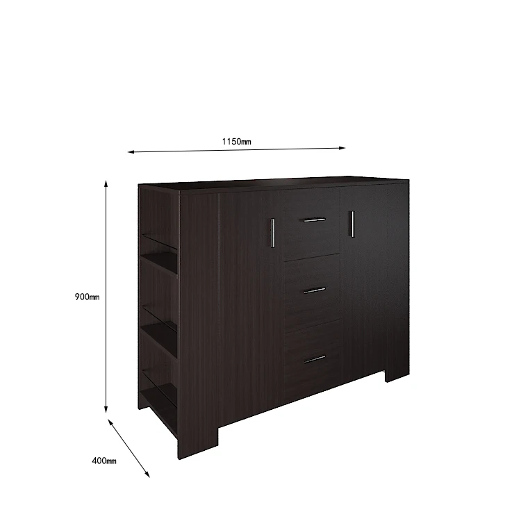 Modern Black Display Cabinet Sideboard Cupboard with 5 Drawers in Dining room bookshelves on both sides
