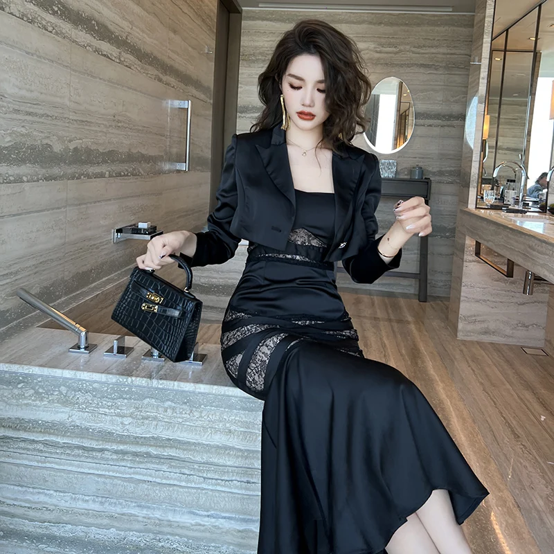 ZYHT 10206 Trending Products 2022 Ladies Two Piece Set Black Women Clothing Spaghetti Strap Long Dress